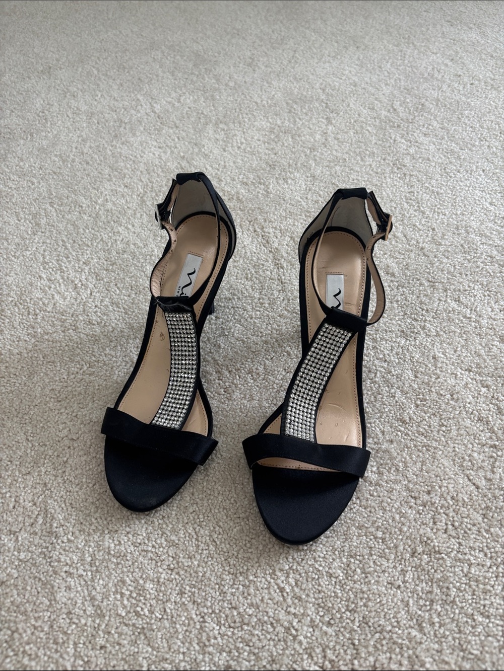 Nina Black T-Strap Rhinestone Dress Heels